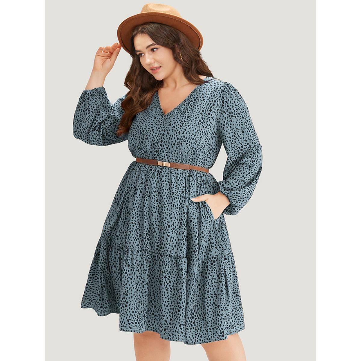 Plus Size Leopard Lantern Sleeve V Neck Pocket Dress Chocolate Women Elegant Elastic cuffs V-neck Long Sleeve Curvy Midi Dress BloomChic 12/L Product Image