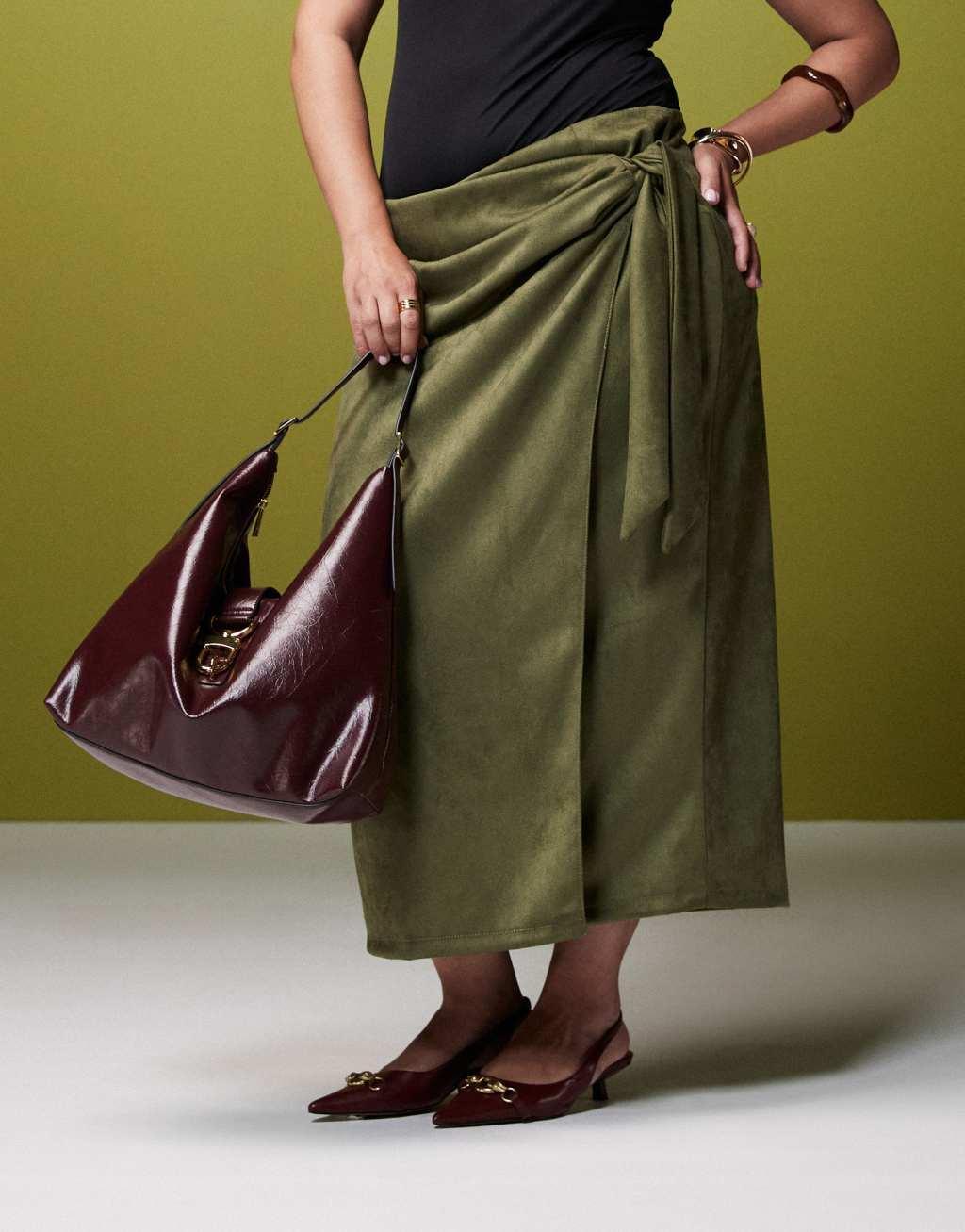 ASOS DESIGN Curve tie detail wrap suedette maxi skirt in khaki Product Image