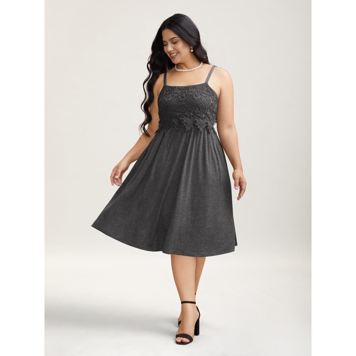 Plus Size Lace Waist-Cinched Pockets Midi Dress DarkGray Women Elegant Woven ribbon&lace trim Square Neck Sleeveless Curvy BloomChic 18-20/2X Product Image