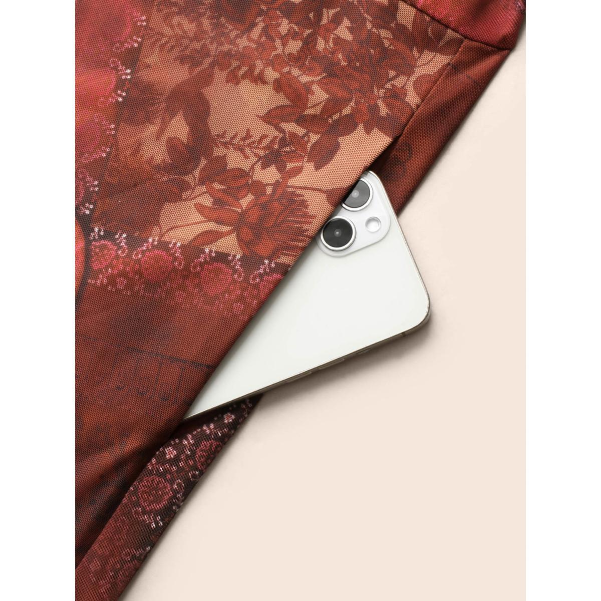 Plus Size Boho Print Belted Mesh Midi Dress Russet Women Elegant See through V-neck Long Sleeve Curvy BloomChic 22-24/3X Product Image