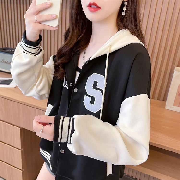 Lettering Embroidered Hooded Button-Up Baseball Jacket Product Image