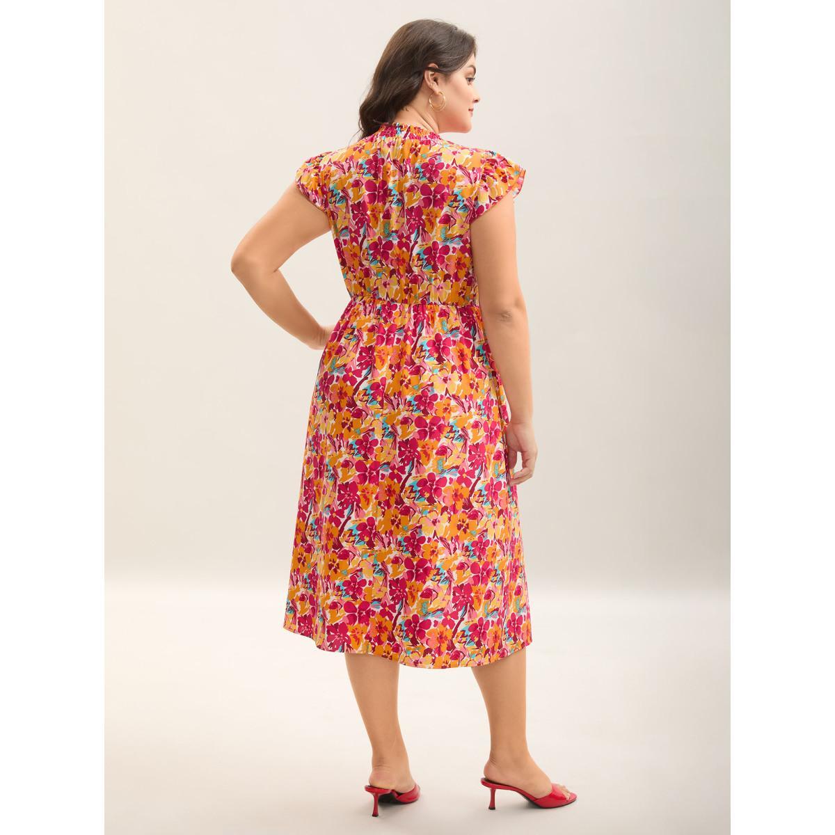 Plus Size Floral Print Shirred Pockets Midi Dress Peach Women Elegant Frill Trim Mock Neck Cap Sleeve Curvy BloomChic 28/5X Product Image