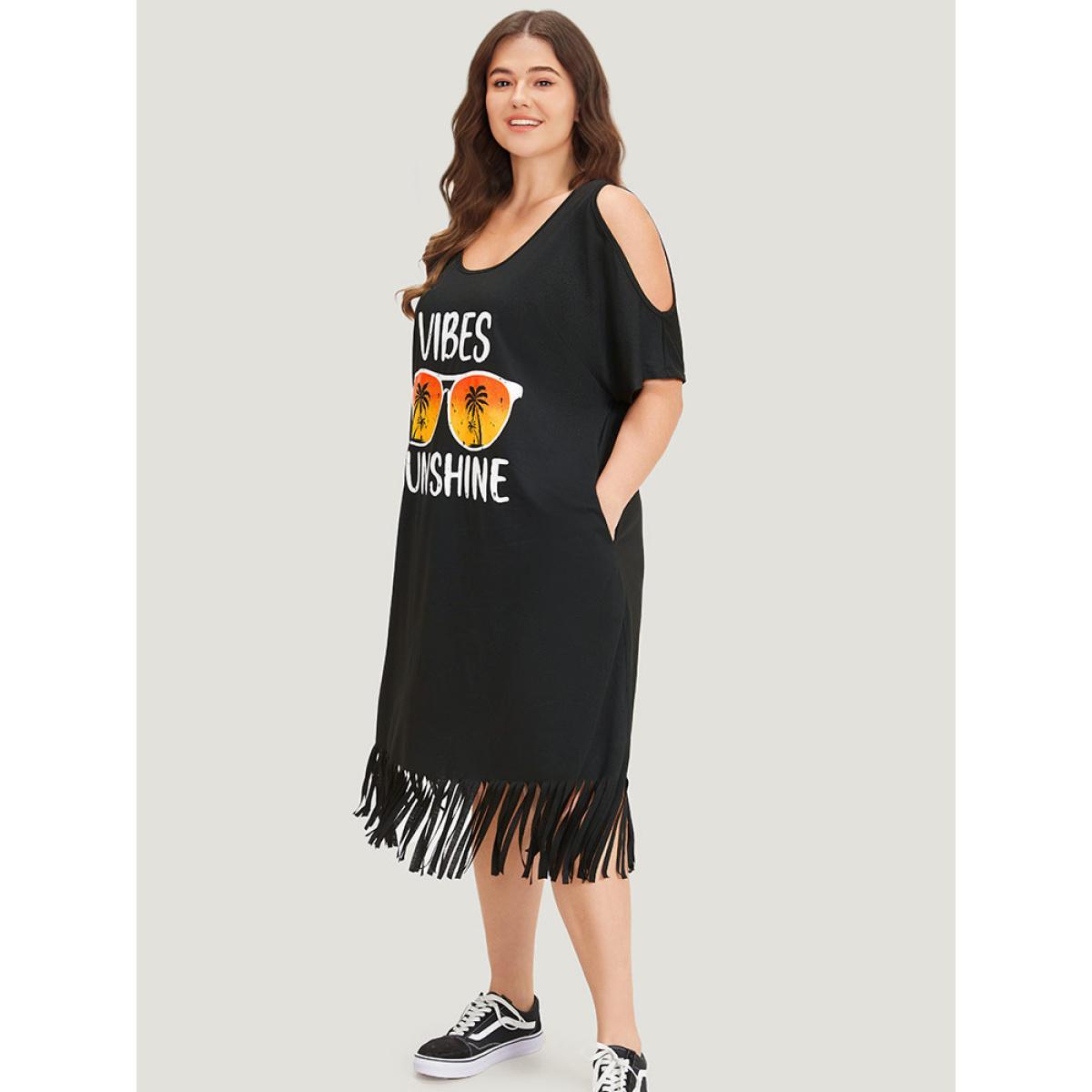 Plus Size Supersoft Essentials Tropical Print Pocket Cold Shoulder Tassel Trim Dress Black Women Casual Tassels Curvy Midi Dress BloomChic 28/5X Product Image