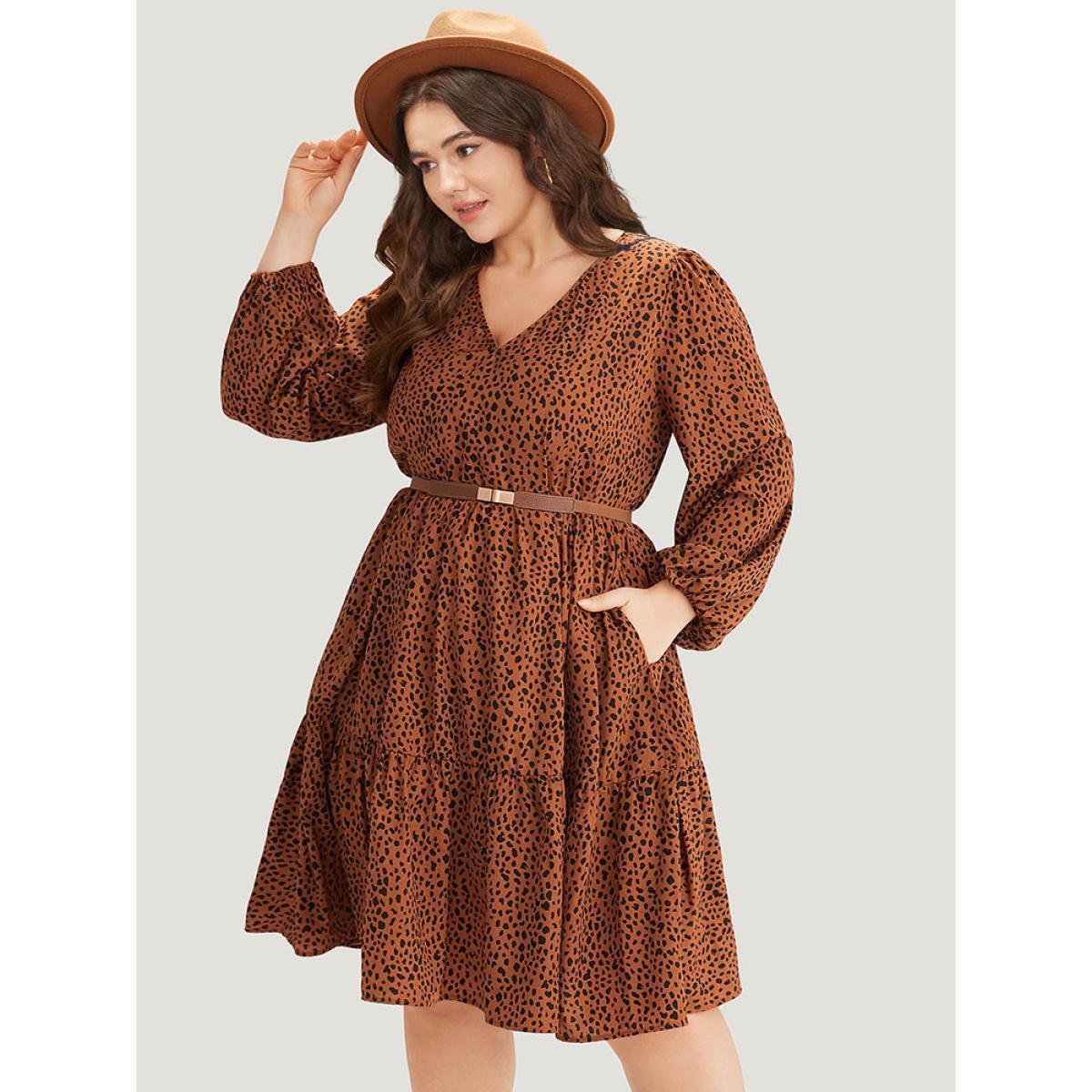 Plus Size Leopard Lantern Sleeve V Neck Pocket Dress Chocolate Women Elegant Elastic cuffs V-neck Long Sleeve Curvy Midi Dress BloomChic 12/L Product Image