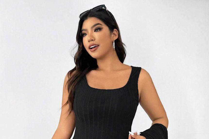 Plus Size Set: Long-Sleeve Hooded Striped Crop Top + Sleeveless A-Line Dress Product Image