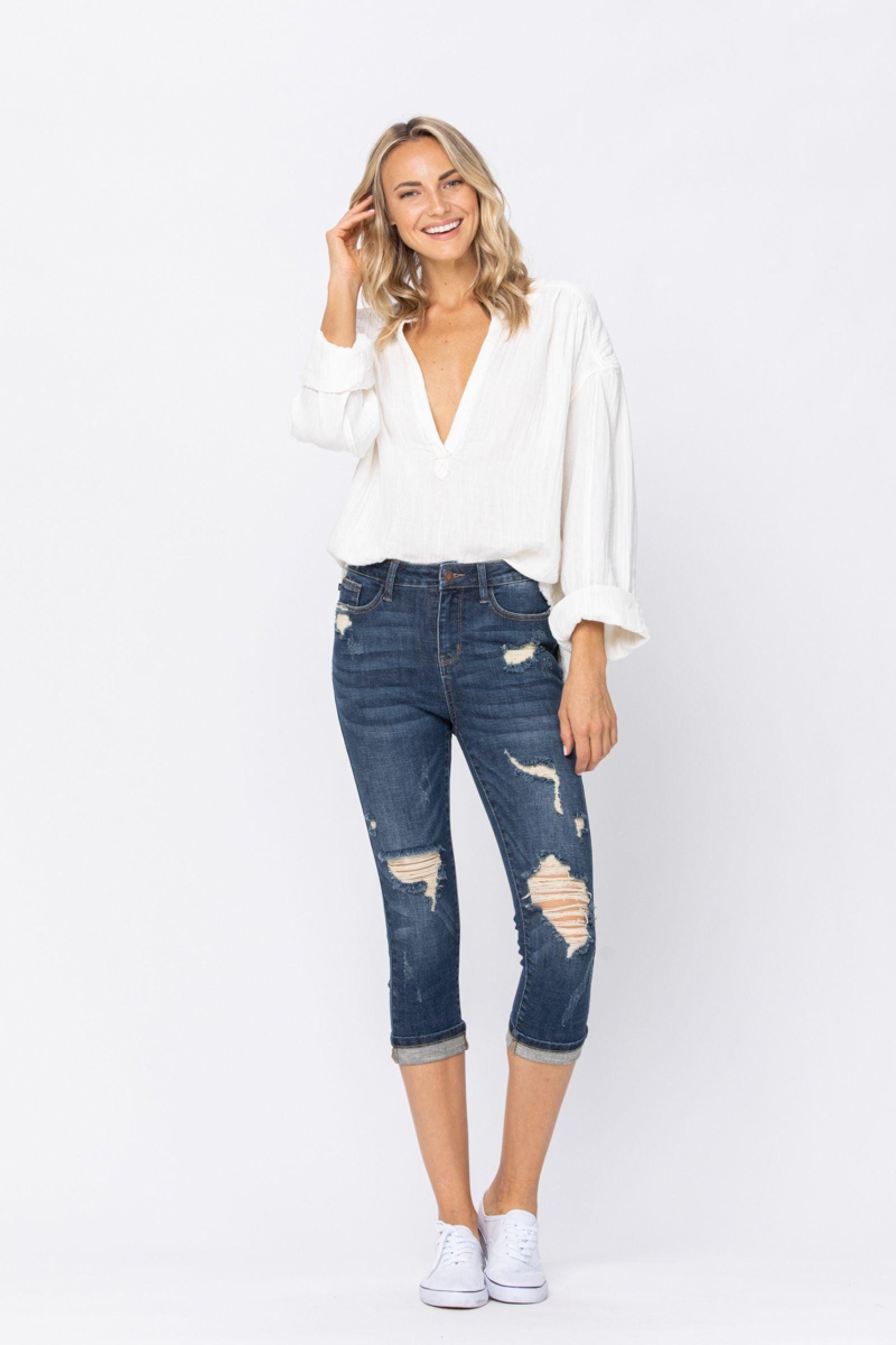 Chevelle Hi-Rise Cuffed Distressed Judy Blue Capri Jeans Product Image
