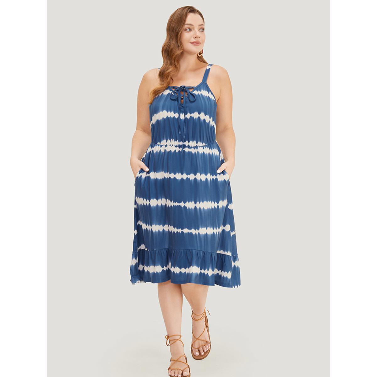 Plus Size Tie Dye Lace Up Pocket Striped Cami Dress Indigo Women Vacation Adjustable Straps Spaghetti Strap Sleeveless Curvy Midi Dress BloomChic 10/M Product Image