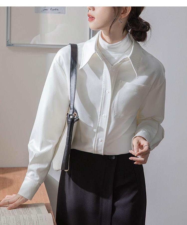 Long Sleeve Lapel Collar Plain Button Shirt Product Image
