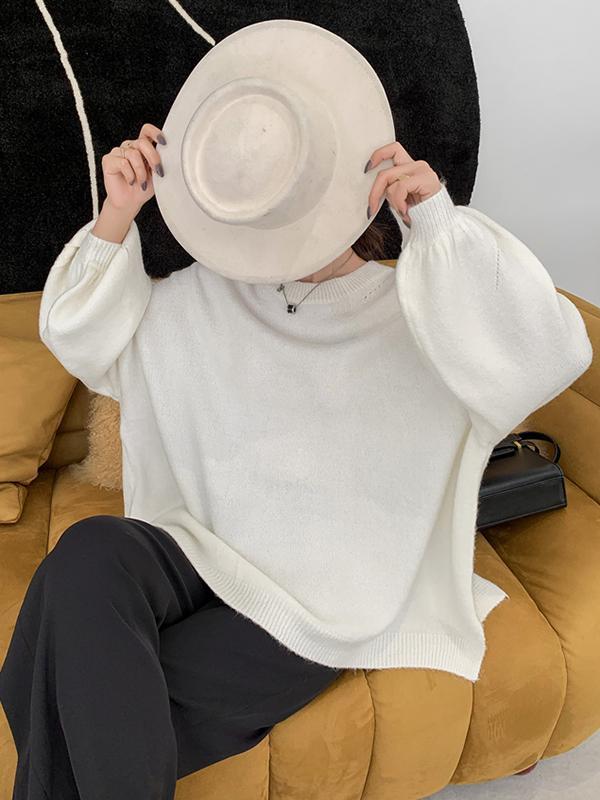Stretch Mohair-Blend Balloon Sleeves Loose Solid Round-Neck Sweater Tops Product Image