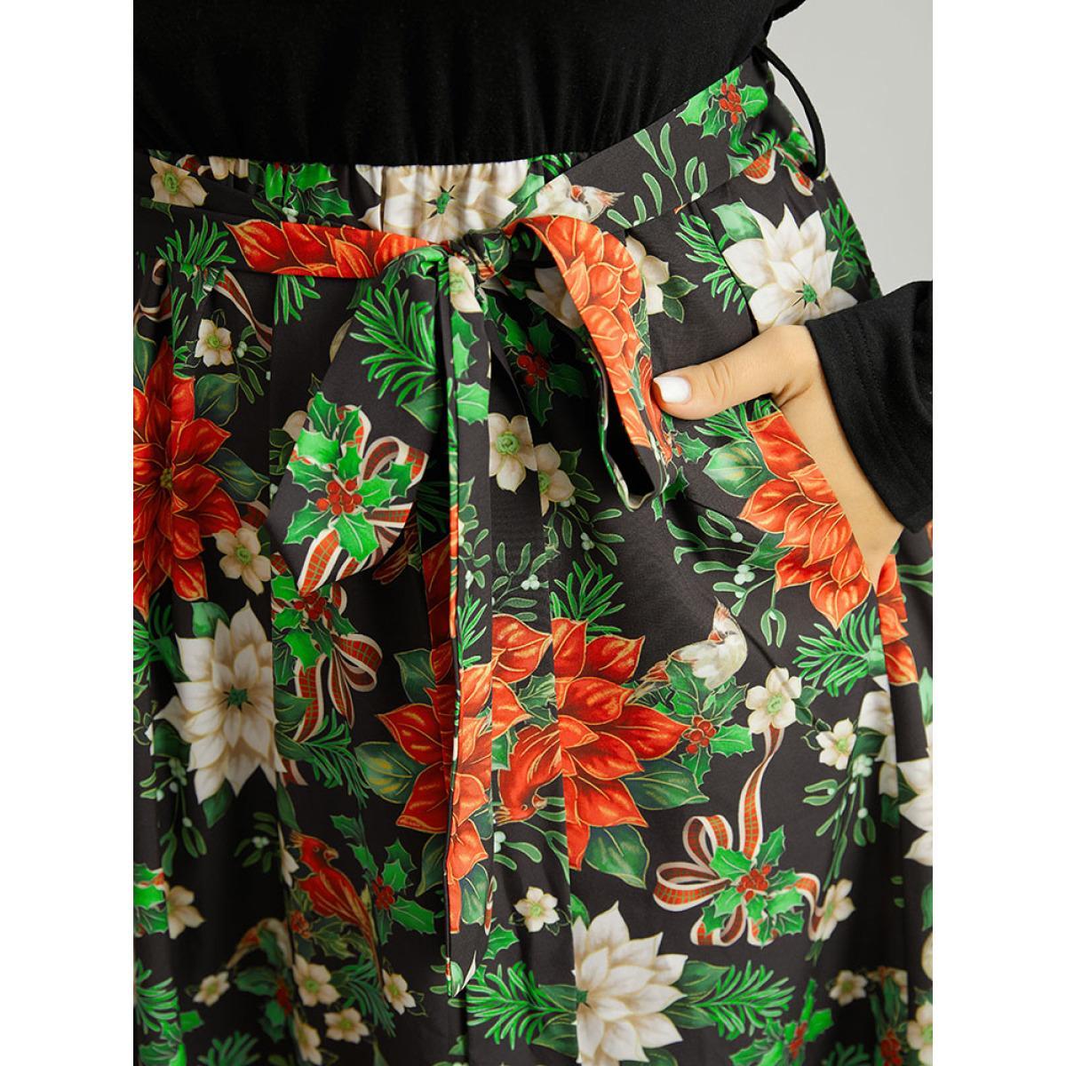 Plus Size Square Neck Floral Print Belted Contrast Dress Black Women Office Belted Square Neck Long Sleeve Curvy Midi Dress BloomChic 18-20/2X Product Image