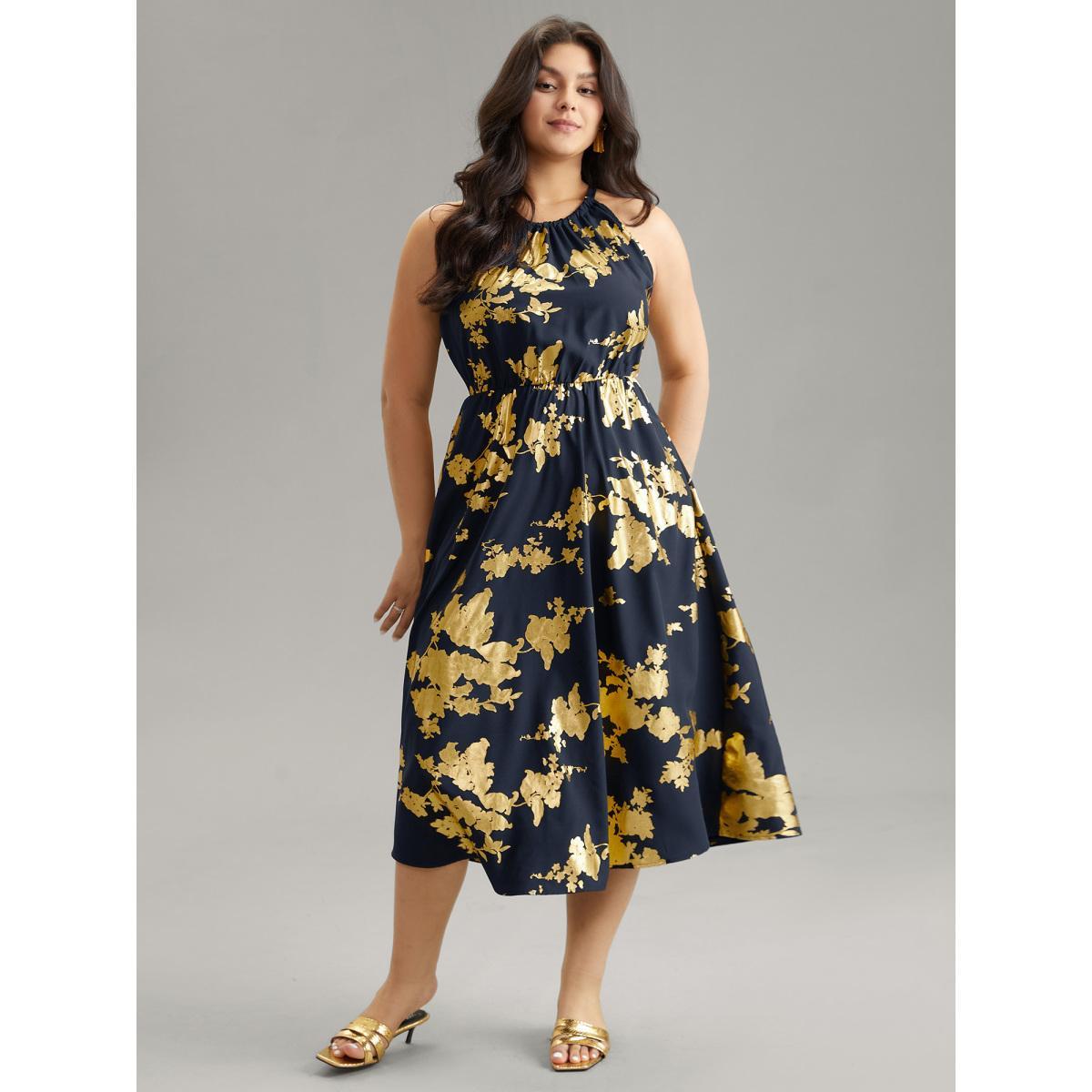 Plus Size Glitter Pocket Halter Keyhole Midi Dress DarkBlue Women Glamour Printed Round Neck Sleeveless Curvy Midi Dress BloomChic 12/L Product Image