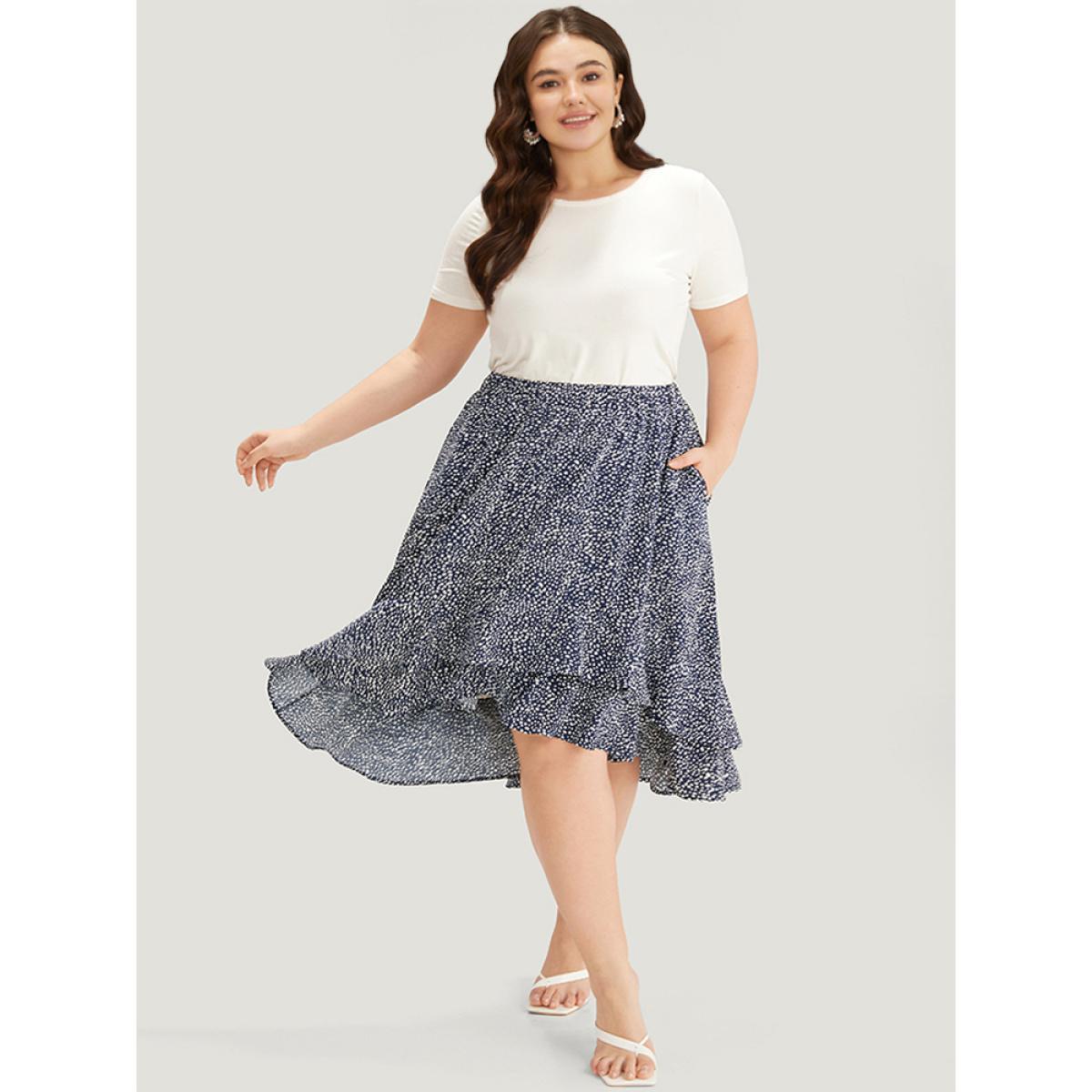 Plus Size Allover Print Pocket Ruffle Layered Hem Skirt Women Indigo Elegant Elastic Waist No stretch Pocket Dailywear Skirts BloomChic 22-24/3X Product Image