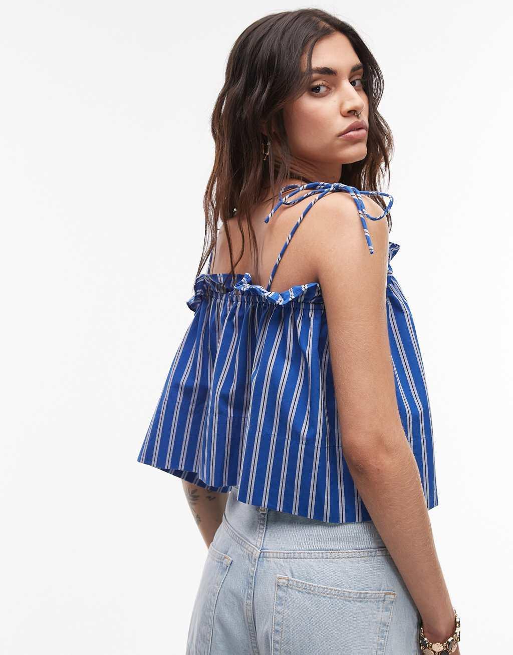Topshop ruched off the shoulder top in blue stripe Product Image