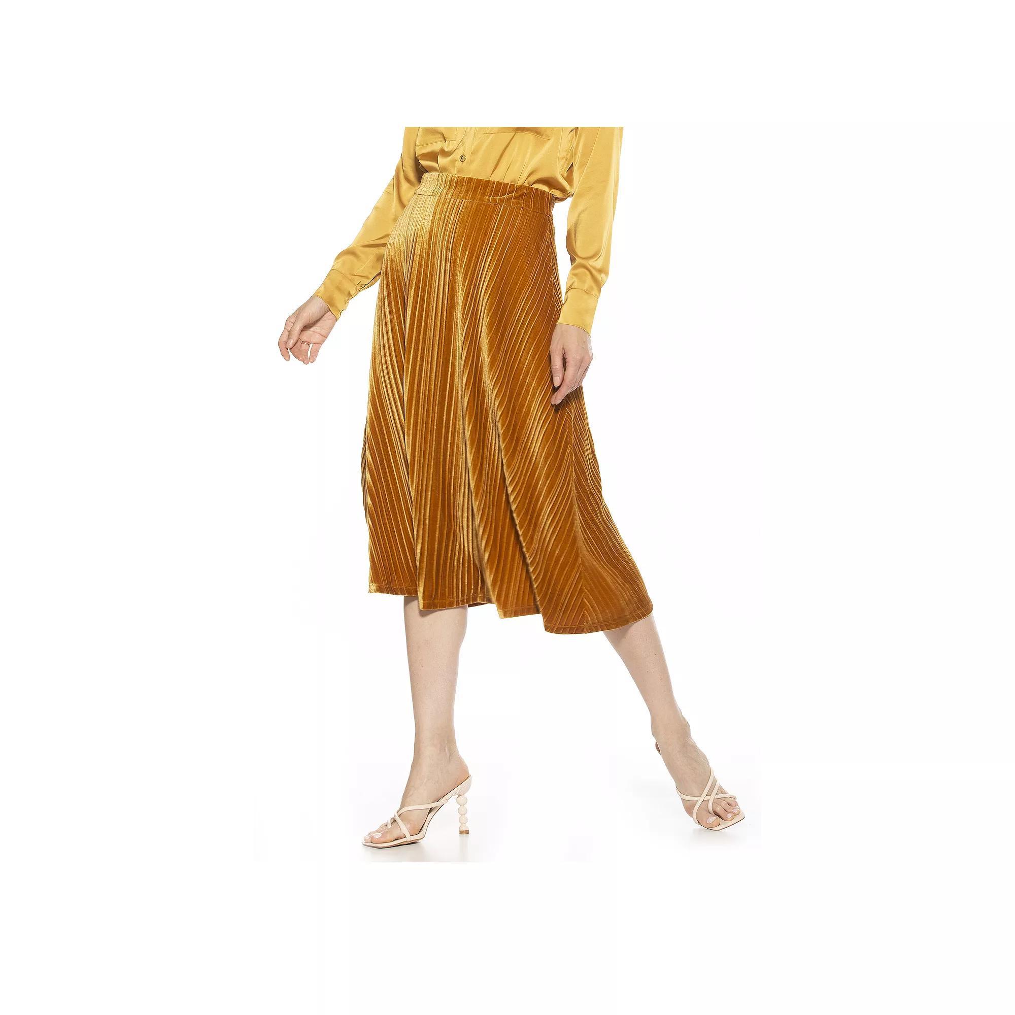 Women's ALEXIA ADMOR Alaina Pleated Velvet Midi Skirt, Size: Large, Golden Product Image