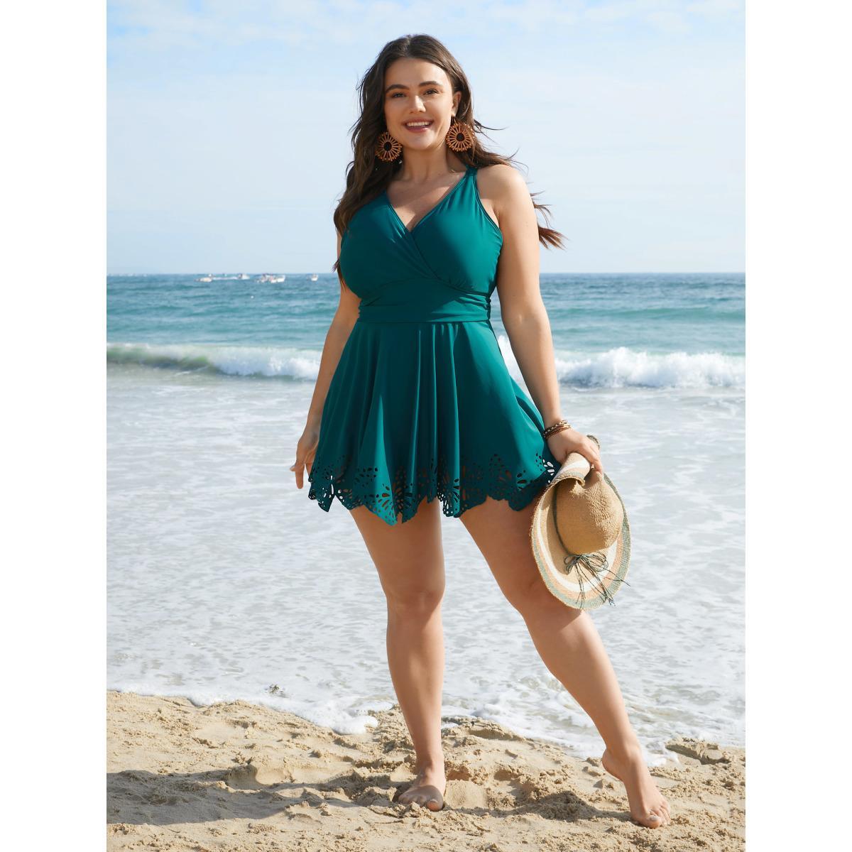 Plus Size Laser Cut Overlap Collar Waist-Cinched Swim Dress Women's Swimwear Cyan Beach Bodycon Overlap Collar High stretch Curve Swim Dresses BloomChic 30/6X Product Image