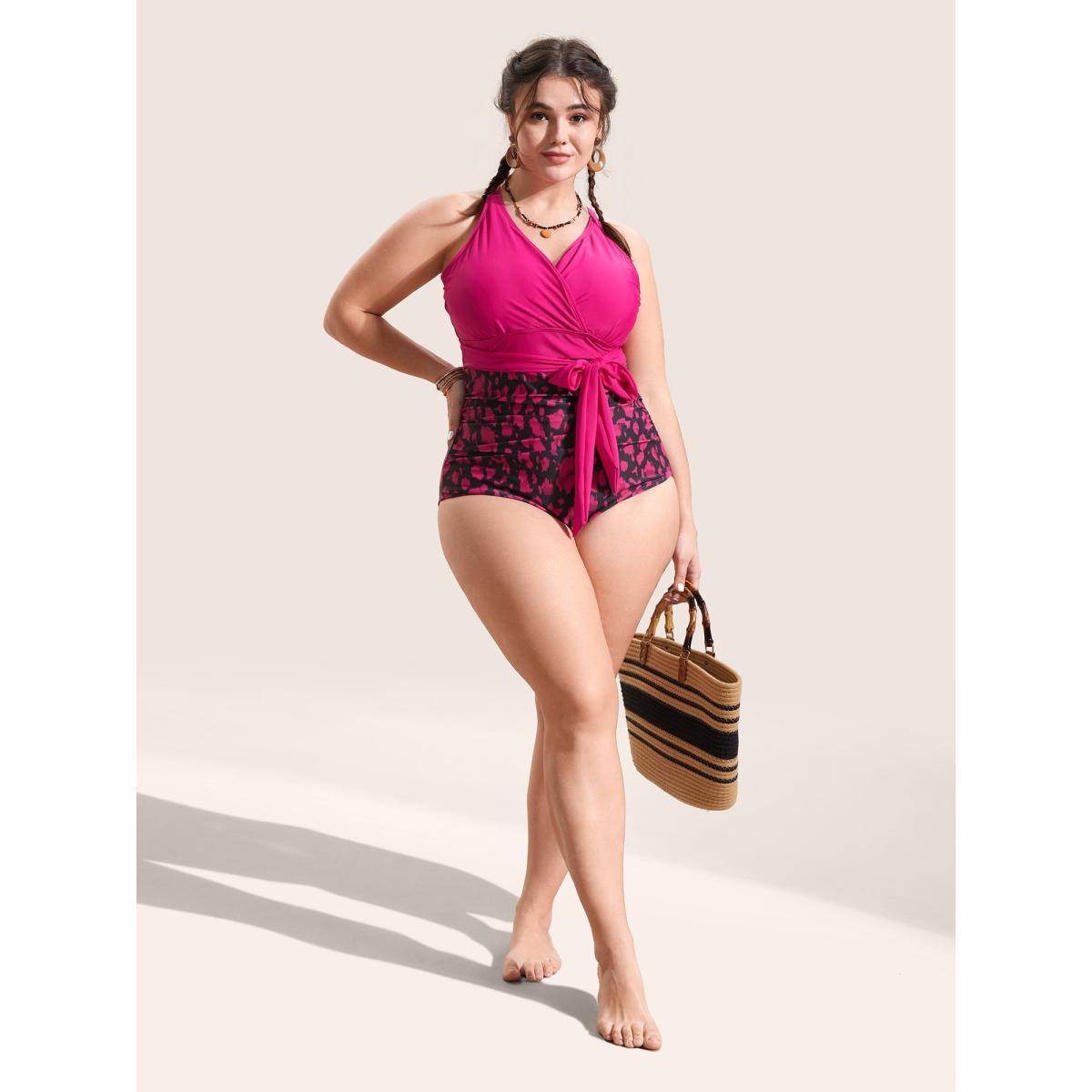 Plus Size Leopard Print Patchwork Tie Knot One Piece Swimsuit Women's Swimwear Rosered Beach Tie knot Curve Bathing Suits High stretch One Pieces BloomChic 10/M Product Image