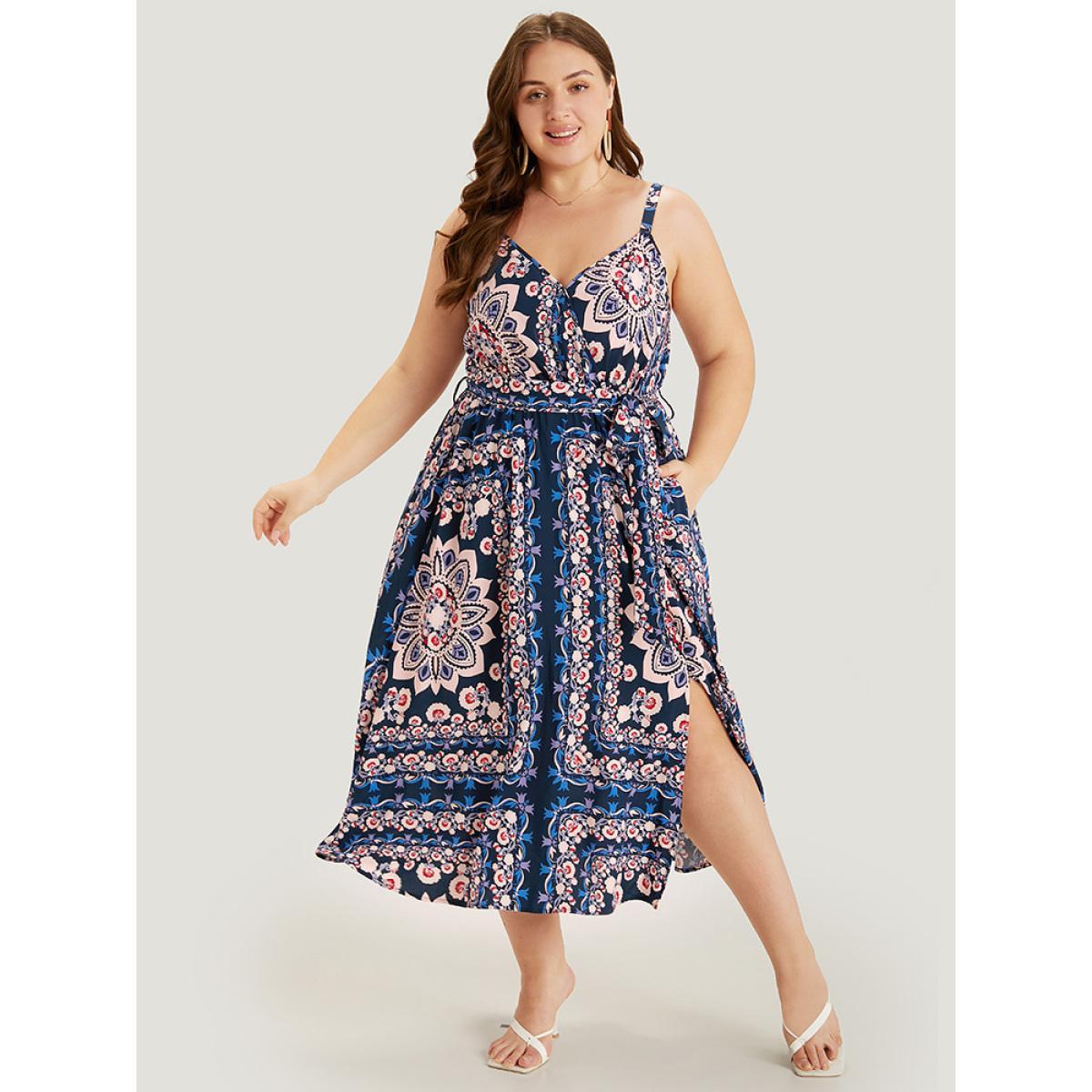 Plus Size Boho Print Belted Split Hem Pocket Cami Dress DarkBlue Women Vacation Gathered V-neck Sleeveless Curvy Midi Dress BloomChic 30/6X Product Image