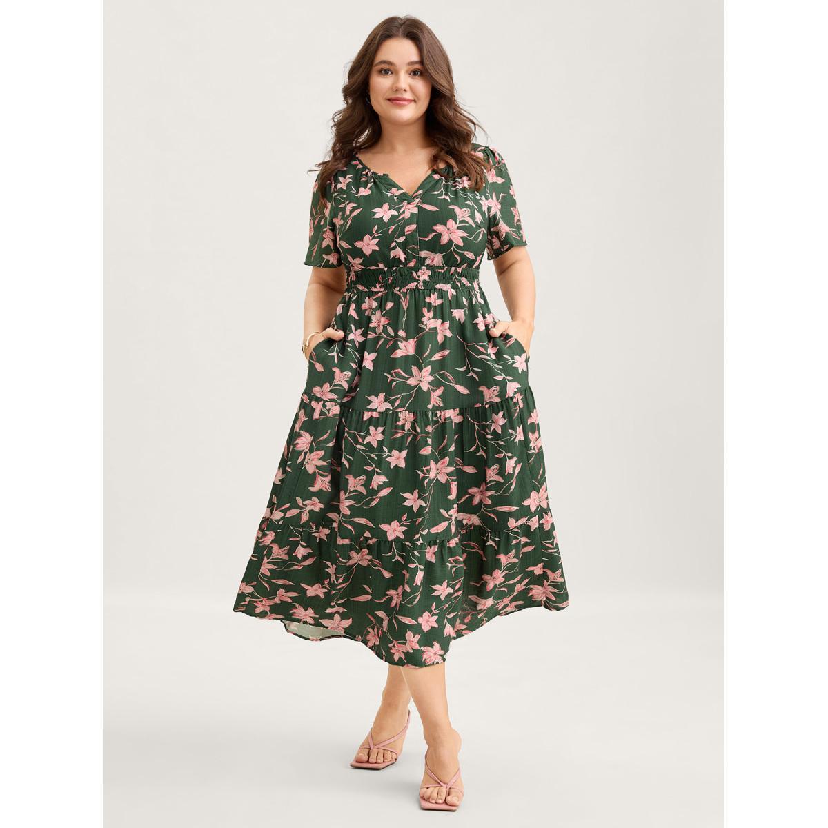 Plus Size Breezy Floral Shirred Waist Midi Dress DarkGreen Women Flat collar with V-notch Short sleeve Curvy BloomChic 12/L Product Image