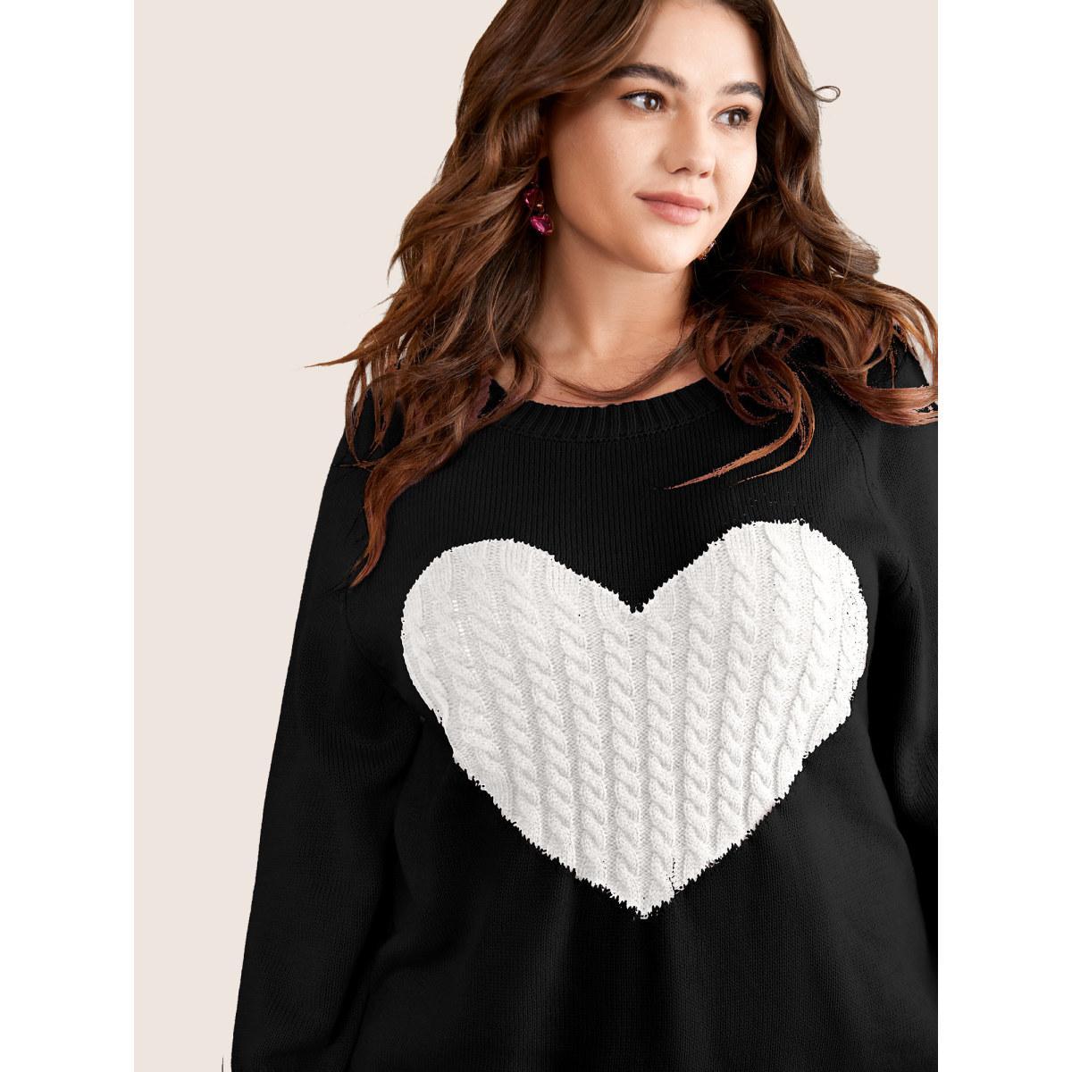 Plus Size Heart Cable Knit Two Tone Raglan Sleeve Pullover Black Women Casual Long Sleeve Round Neck Everyday Pullovers BloomChic 12/L Product Image