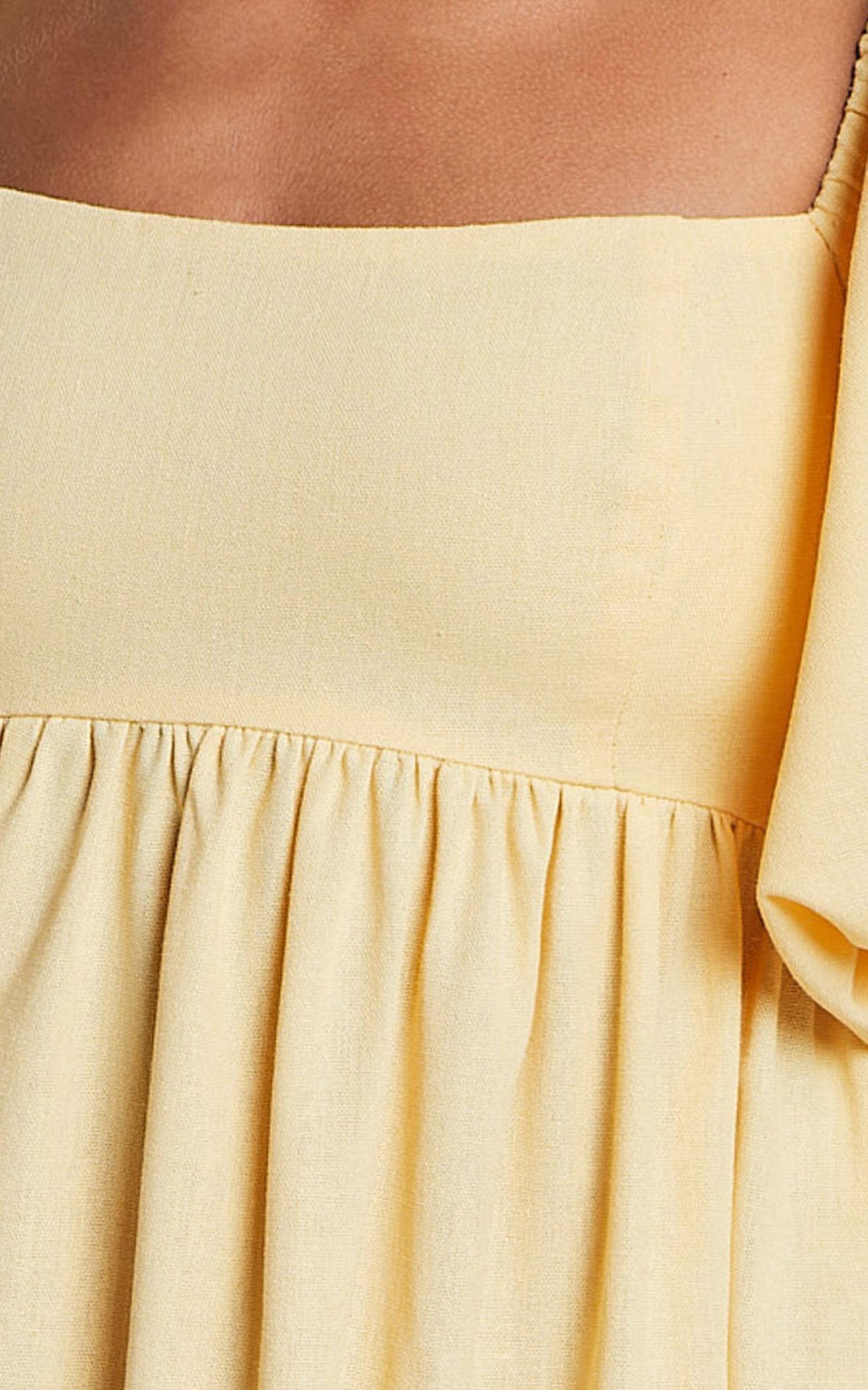Cenia Midi Dress - Linen Straight Neck Shirred Back Puff Sleeve Dress in Lemon Product Image