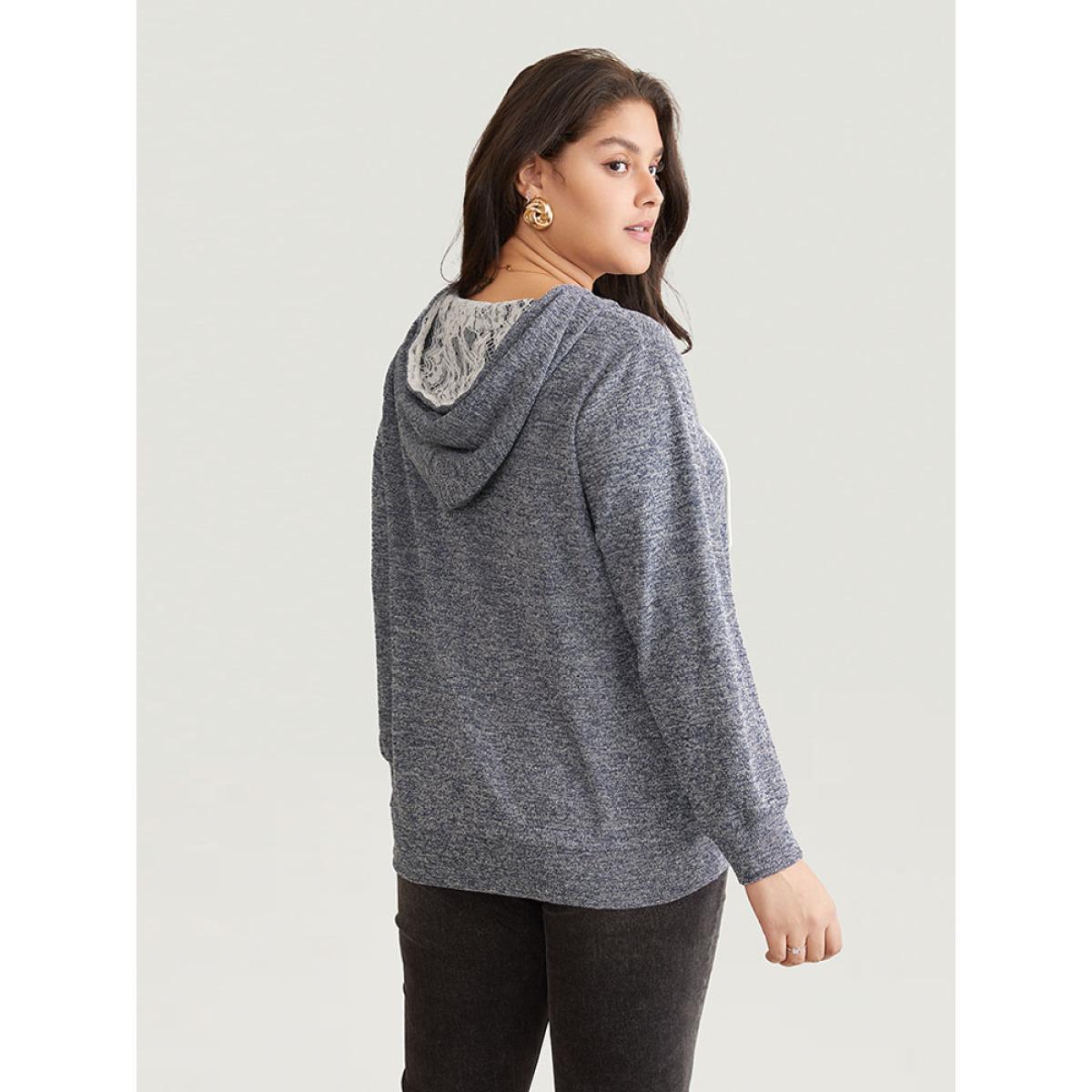 Plus Size Crochet Lace Patchwork Pocket Hooded Sweatshirt Women Indigo Casual Contrast Hooded Everyday Sweatshirts BloomChic 22-24/3X Product Image