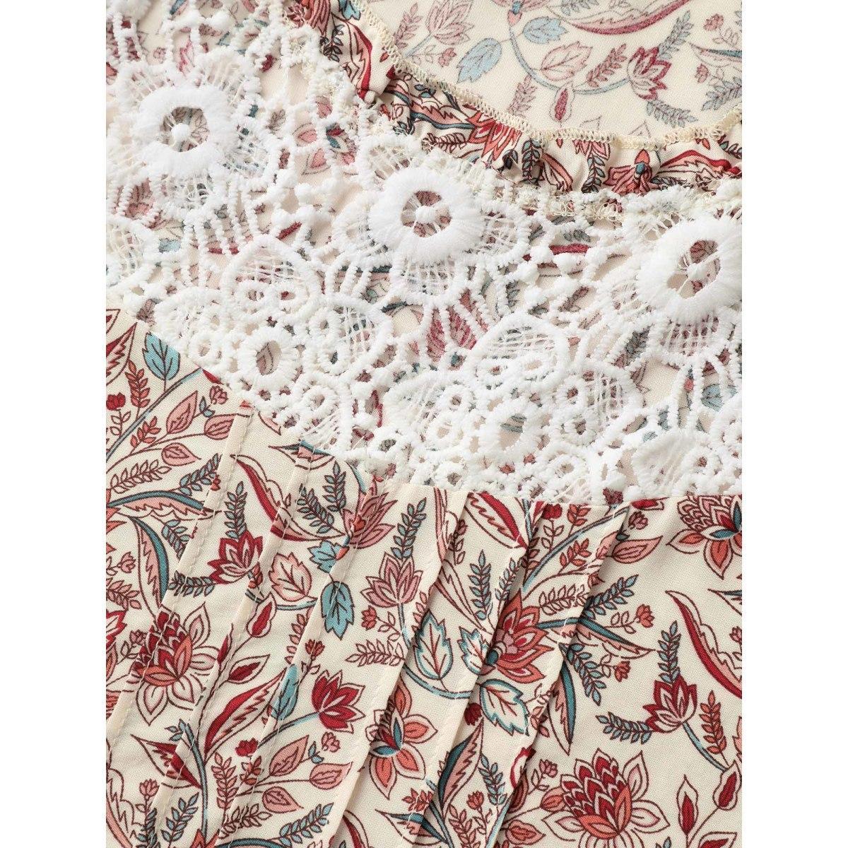 Plus Size Multicolor Sheer Lace Ruffled Neck Floral Blouse Women Short sleeve Round Neck Vacation Blouses BloomChic 12/L Product Image