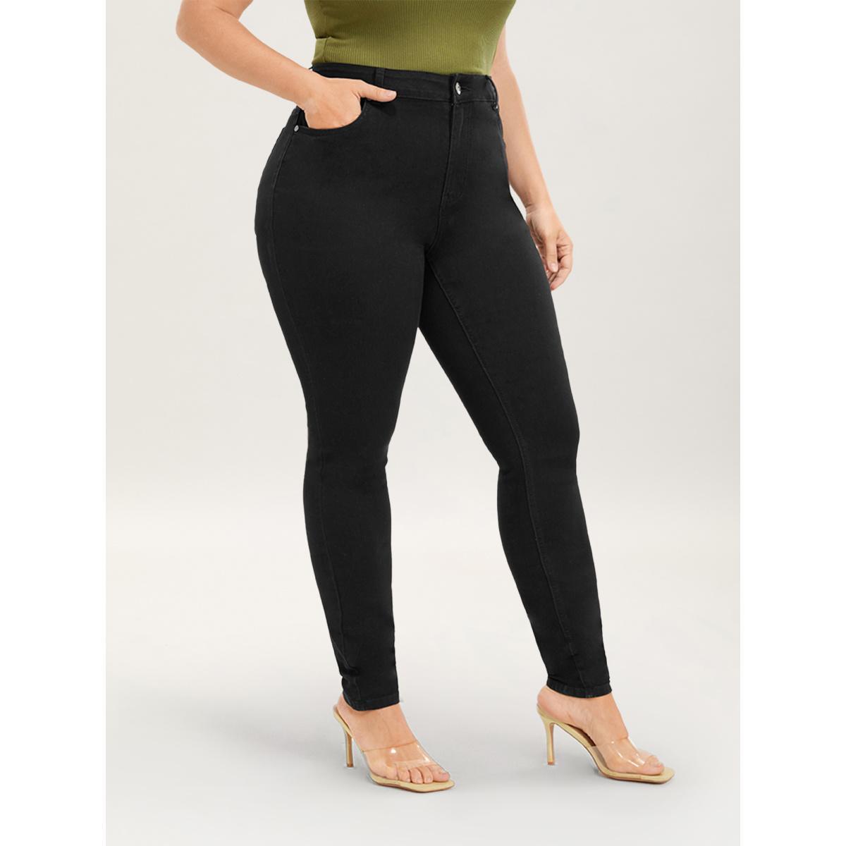 Plus Size Skinny Very Stretchy High Rise Black Wash Sculpt Waist Jeans Women Black Casual Plain High stretch Slanted pocket Jeans BloomChic 12/L Product Image