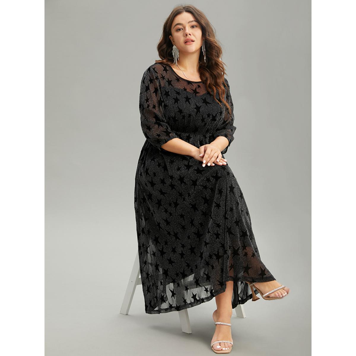 Plus Size Flocking Star Mesh Elastic Waist Dress Black Women Glamour Elastic cuffs Round Neck Elbow-length sleeve Curvy Midi Dress BloomChic 26/4X Product Image