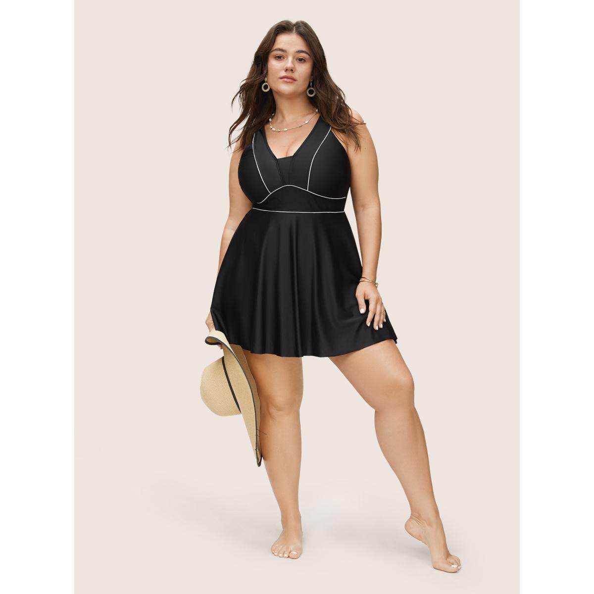 Plus Size Contrast Trim Adjustable Straps Swim Dress Women's Swimwear Black Beach Bodycon V-neck High stretch Curve Swim Dresses BloomChic 22-24/3X Product Image