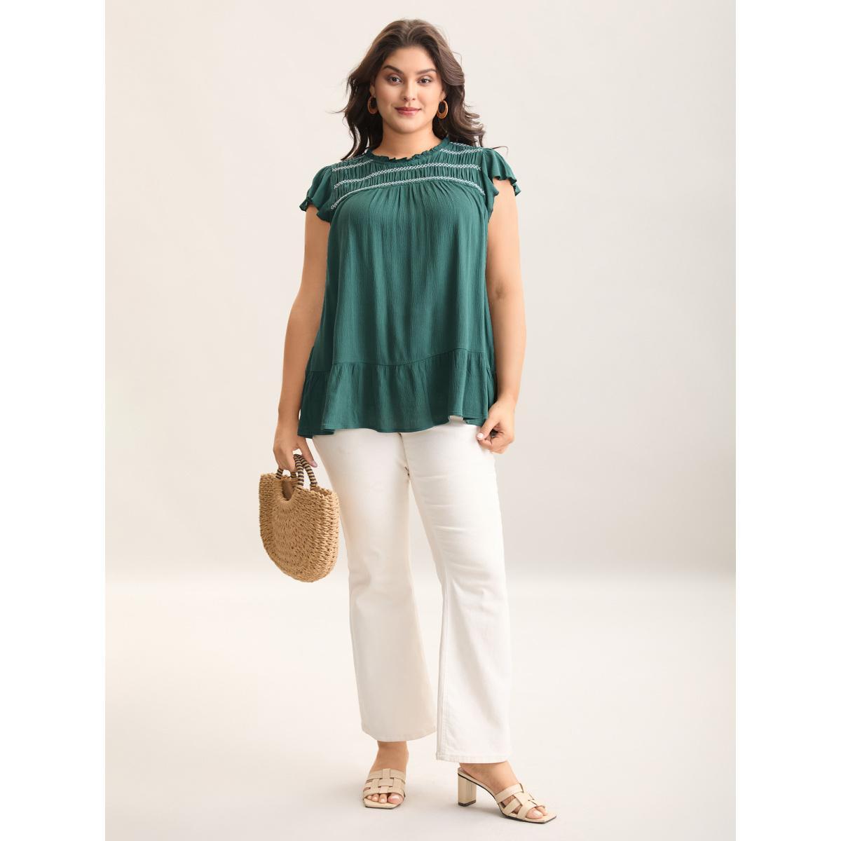 Plus Size Teal Rayon Shirred Neck Flutter Sleeve Tiered Blouse Women Cap Sleeve Round Neck Vacation Blouses BloomChic 22-24/3X Product Image