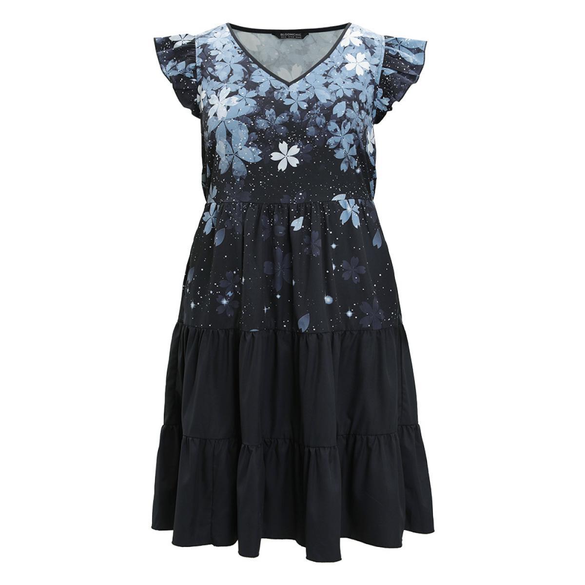 Plus Size Pixel Flower Pocket Cap Sleeve Layered Hem Dress BlackFlower Women Elegant Tiered V-neck Cap Sleeve Curvy Knee Dress BloomChic 12/L Product Image