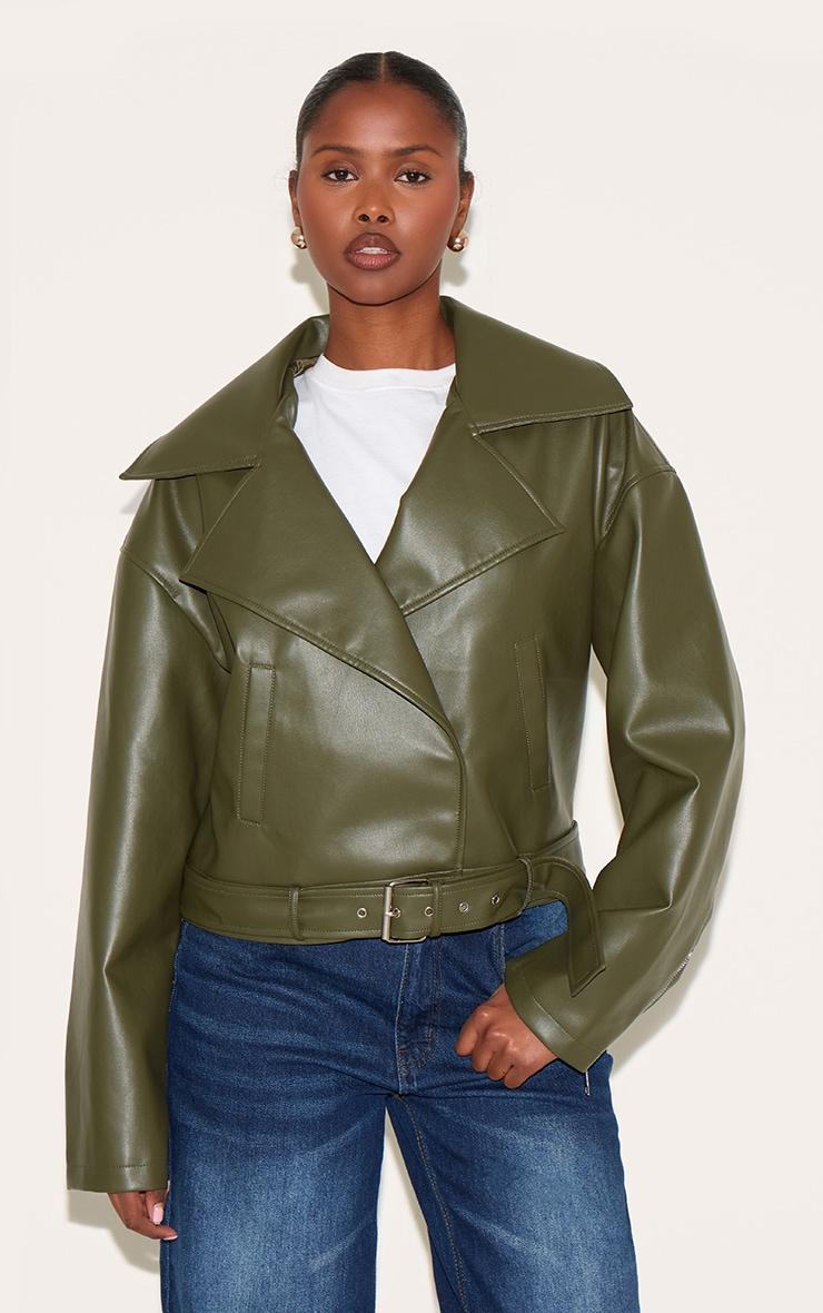 Dark Khaki Faux Leather Belted Relaxed Fit Biker Jacket Product Image