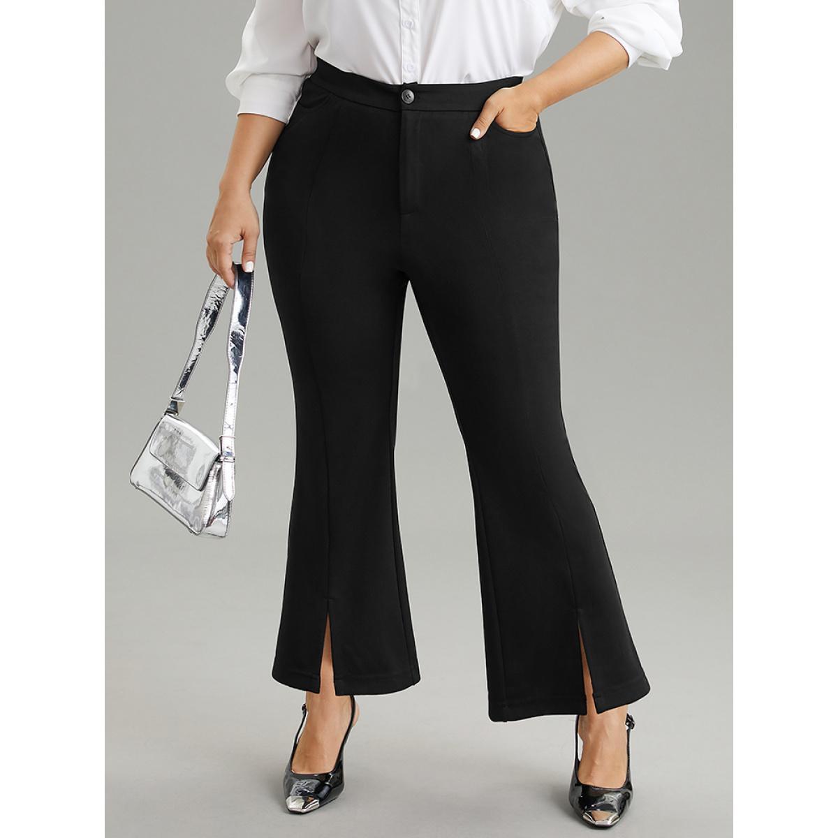Plus Size Plain Flare Leg Pocket Split Hem Pants Women Black Office Flare Leg High Rise Work Pants BloomChic 30/6X Product Image