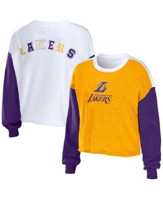 Women's WEAR by Erin Andrews Heather Gold Los Angeles Lakers Mixed Letter Cropped Pullover Sweatshirt, Size: Medium Product Image
