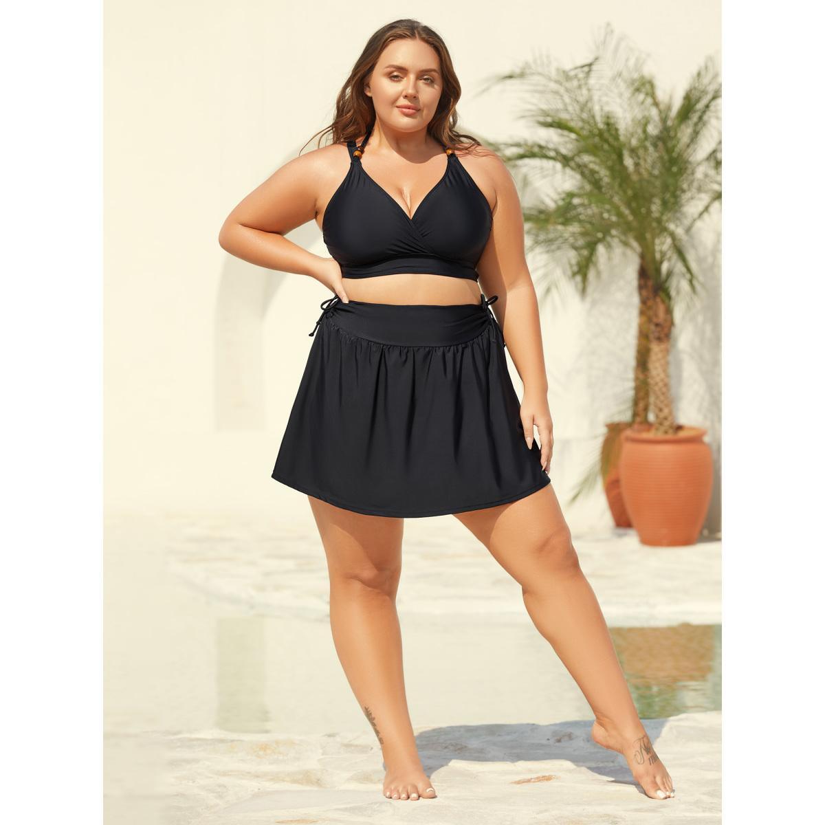 Plus Size Side Drawstring A-Line Mini Swim Skirt Women's Swimwear Black Beach Drawstring High stretch Bodycon Mid Rise Curve Swim Bottoms BloomChic 26/4X Product Image