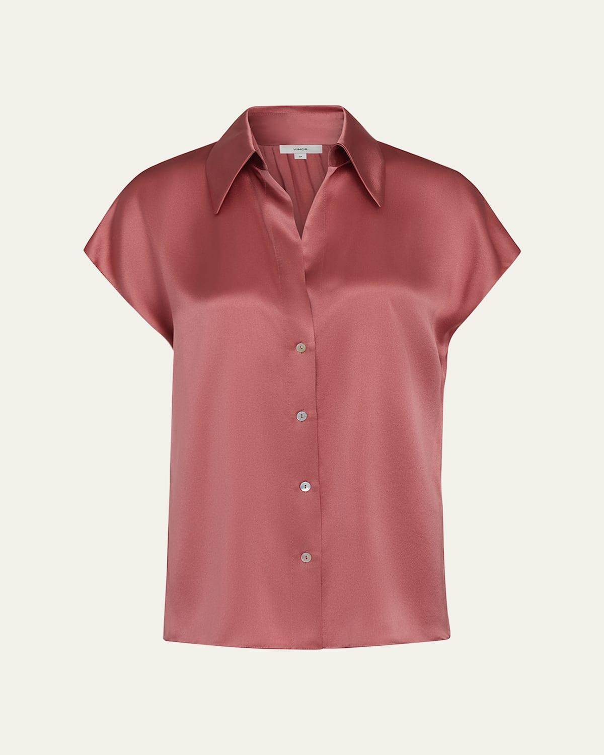 Cap-Sleeve Ruched-Back Silk Blouse Product Image