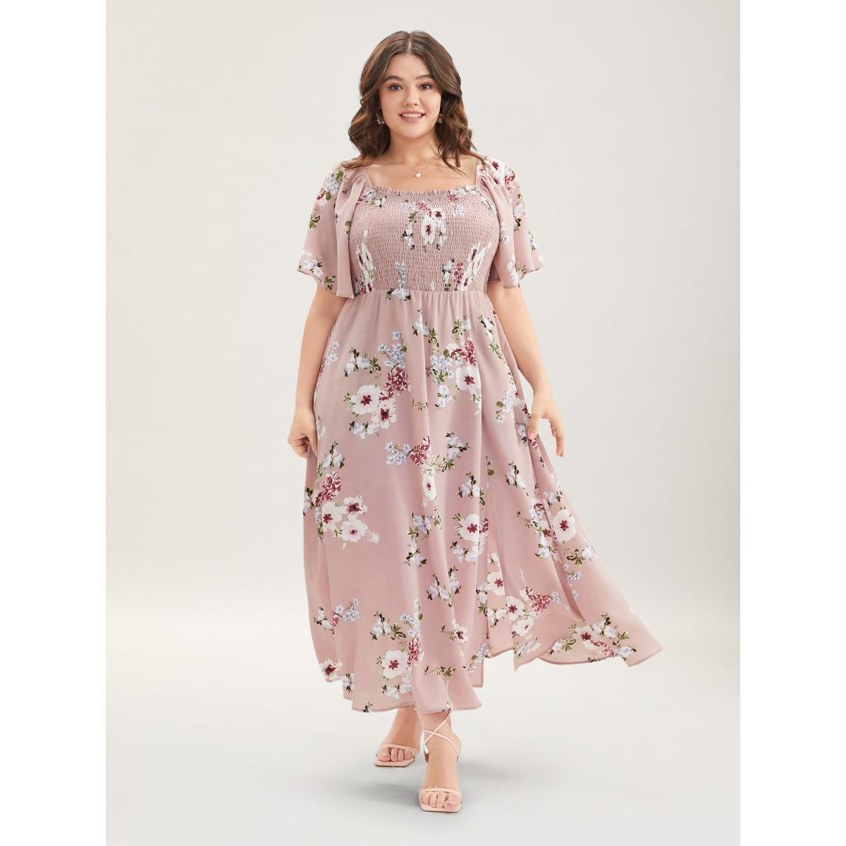 Plus Size Floral Square Neck Ruffles Pocket Shirred Split Dress DustyPink Women Elegant Non Square Neck Short sleeve Curvy BloomChic 22-24/3X Product Image