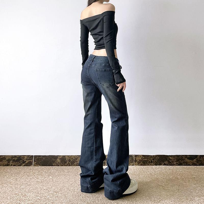 Low Waist Distressed Washed Bootcut Jeans Product Image
