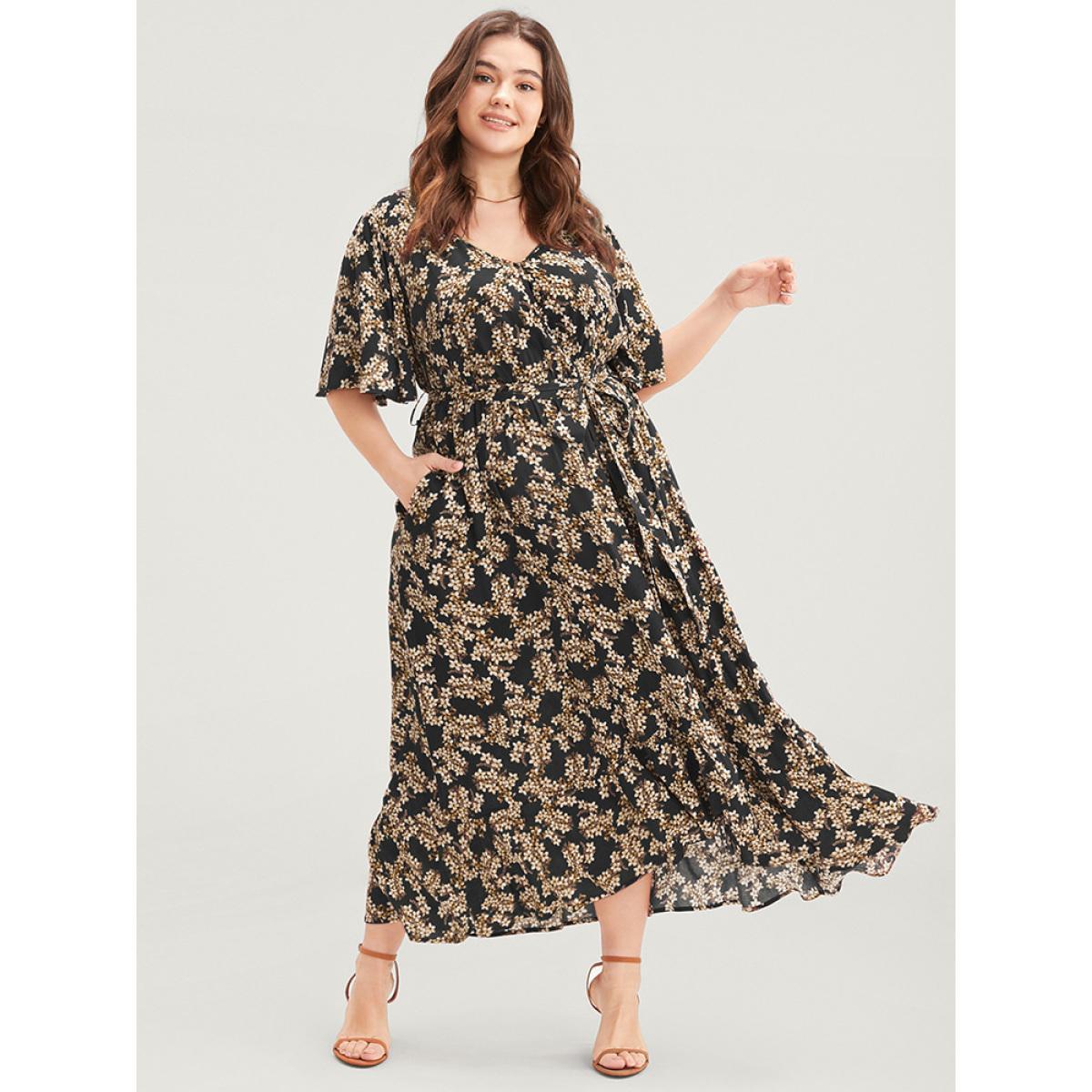 Plus Size Floral Print Wrap Ruffles Pocket Belted Asymmetrical Hem Dress Black Women Elegant Pocket V-neck Short sleeve Curvy Midi Dress BloomChic 26/4X Product Image