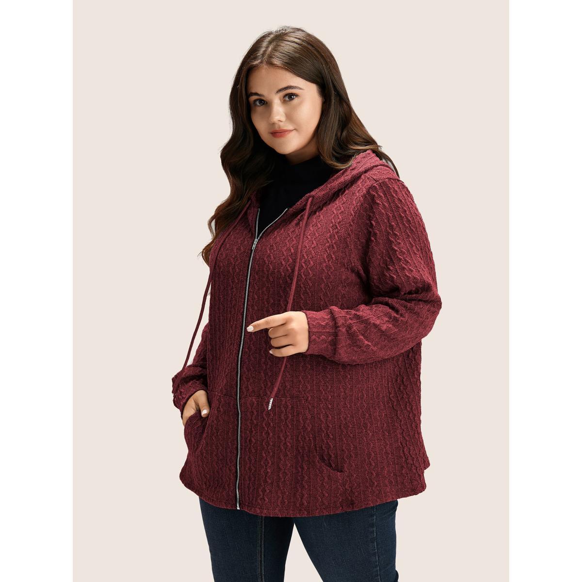 Plus Size Plain Textured Zipper Hooded Sweatshirt Women Burgundy Casual Non Hooded Everyday Sweatshirts BloomChic 30/6X Product Image