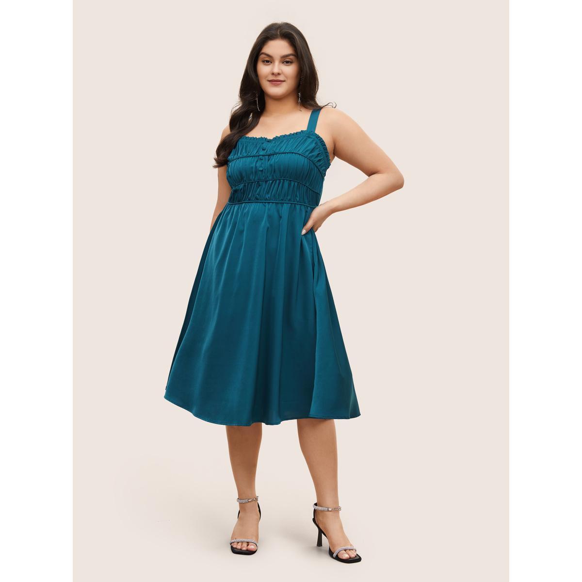 Plus Size Satin Solid Gathered Button Detail Cami Dress Aegean Women Elegant Non Non Sleeveless Curvy Midi Dress BloomChic 10/M Product Image