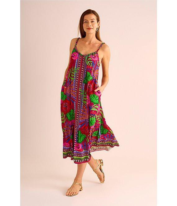 Vince Camuto Woven Printed Braided Scoop Neck Sleeveless Midi Dress Product Image