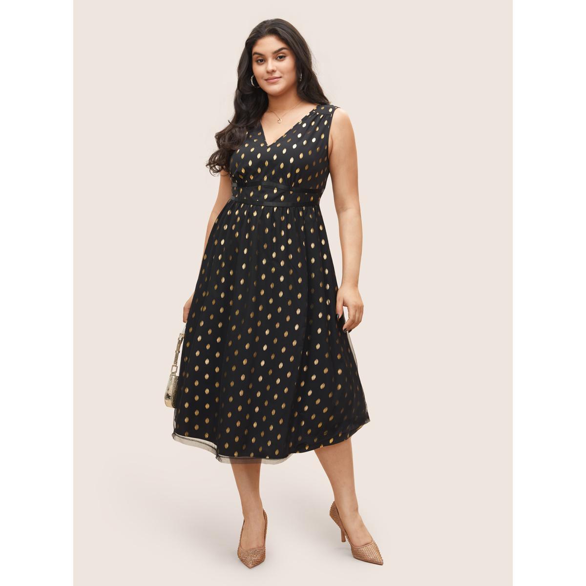 Plus Size Glitter Polka Dot Pocket Patchwork Tank Dress Black Women Cocktail Non V-neck Sleeveless Curvy Midi Dress BloomChic 22-24/3X Product Image