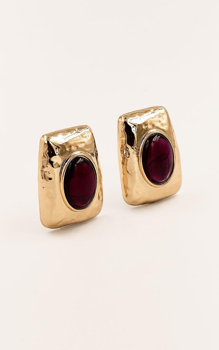Burgundy Resin Gold Textured Statement Stud Earrings Product Image