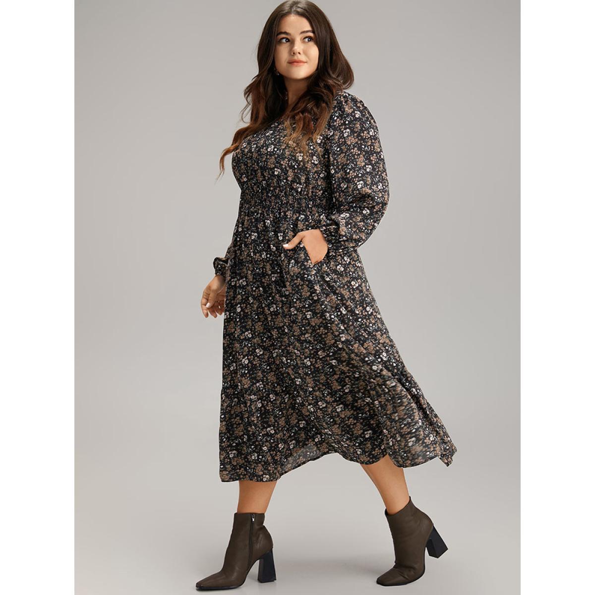 Plus Size Ditsy Floral Notched Flutter Hem Dress Black Women Elegant Elastic cuffs Notched collar Long Sleeve Curvy Midi Dress BloomChic 12/L Product Image