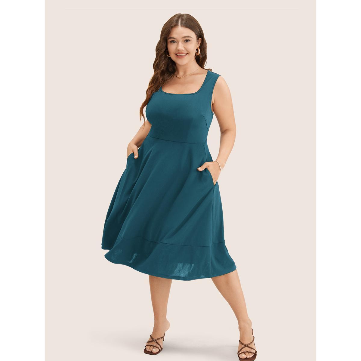 Plus Size Solid Pocket Sleeveless Ruffle Hem Tank Dress Aegean Women Workwear Essentials Non Round Neck Sleeveless Curvy Midi Dress BloomChic 26/4X Product Image