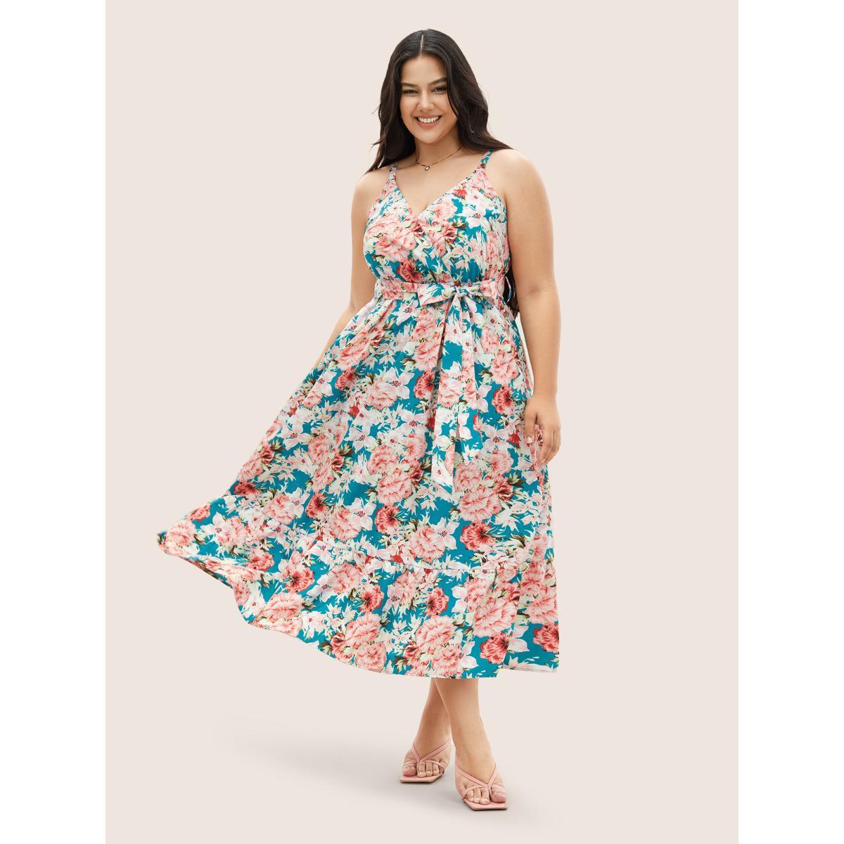 Plus Size Floral Print Wrap Belted Cami Dress Cerulean Women Elegant Overlapping Non Sleeveless Curvy Midi Dress BloomChic 30/6X Product Image
