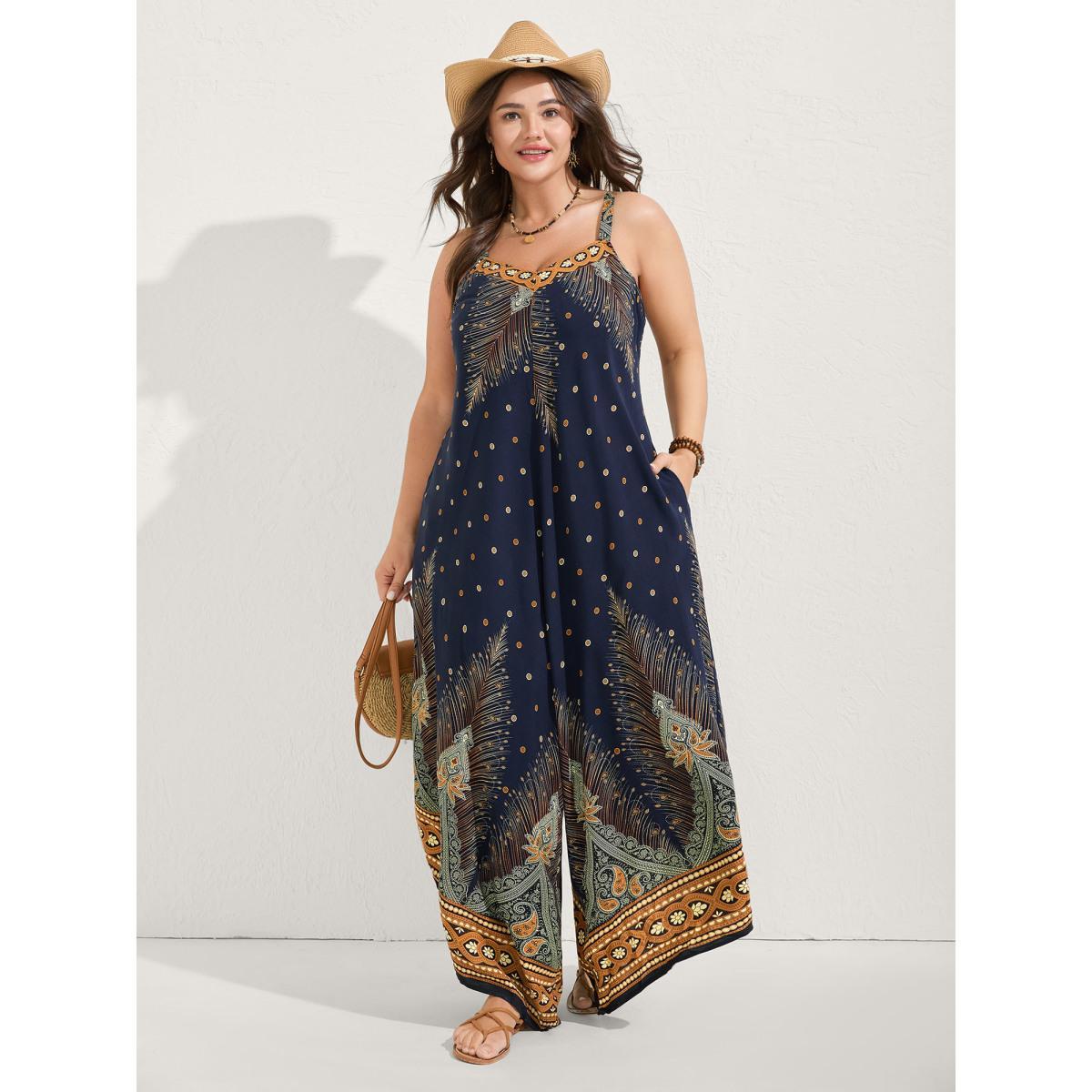 Plus Size Navy Boho Print Asymmetrical Hem Jumpsuit Women Sleeveless V-neck Vacation Loose Jumpsuits BloomChic 26/4X Product Image