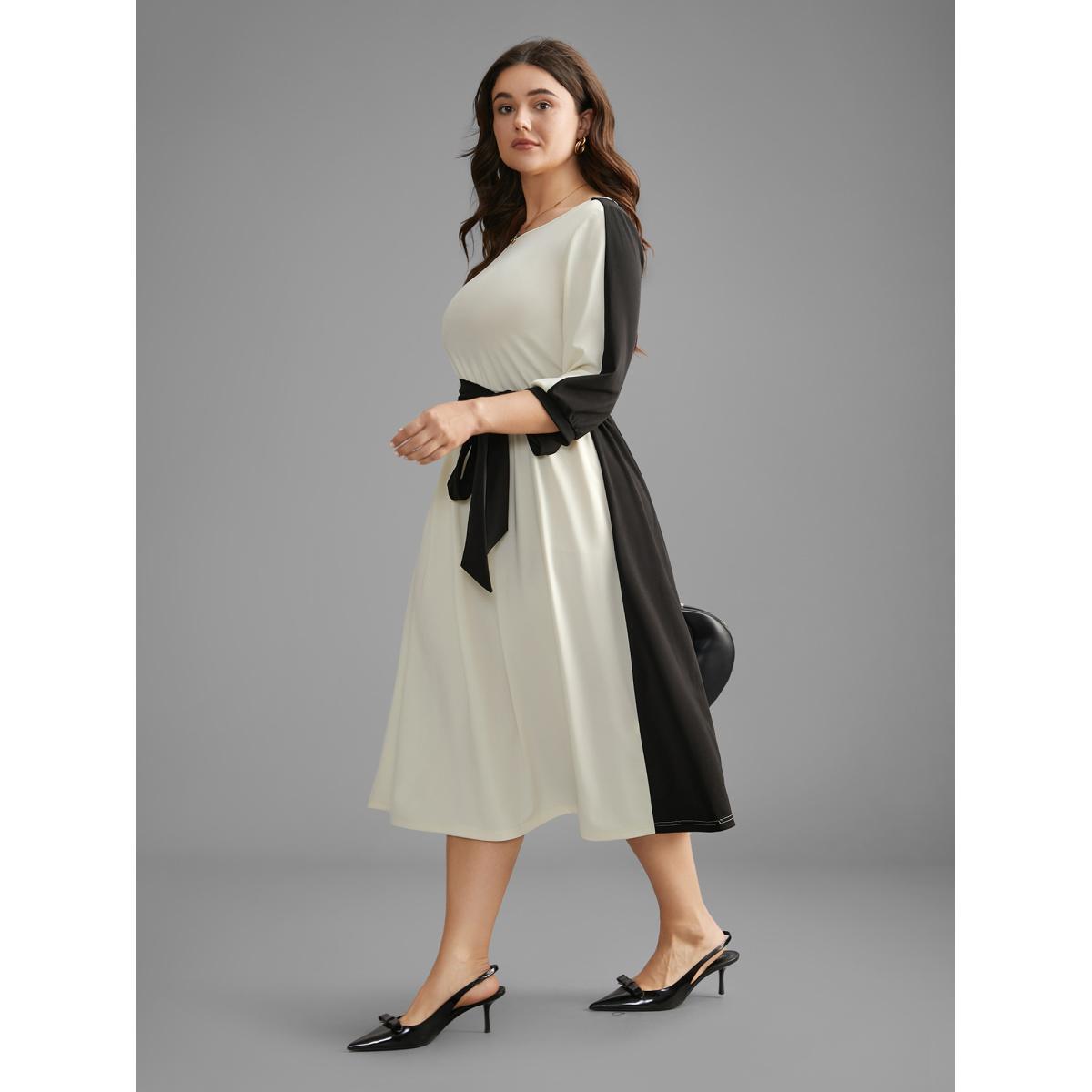 Plus Size Contrast Patchwork Lantern Sleeve Belted Dress Multicolor Women At the Office Belted Round Neck Elbow-length sleeve Curvy BloomChic 22-24/3X Product Image