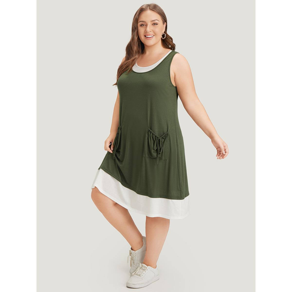 Plus Size Two Tone Knot Pocket Patchwork Dress ArmyGreen Women Casual Contrast Round Neck Sleeveless Curvy Knee Dress BloomChic 26/4X Product Image